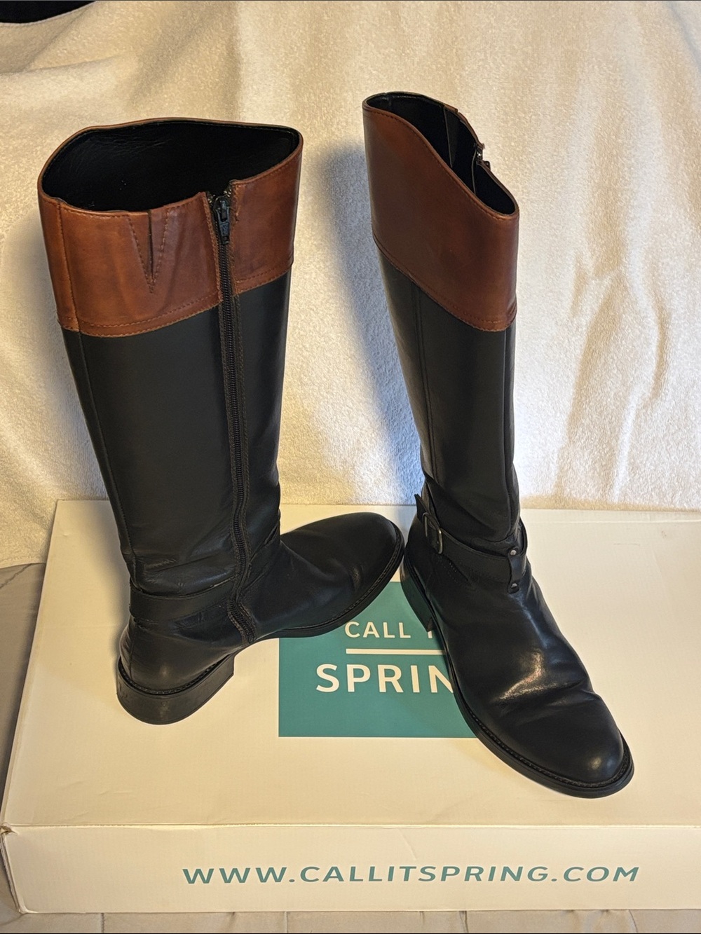 Call It Spring Black and Brown Two-Tone Knee Boots